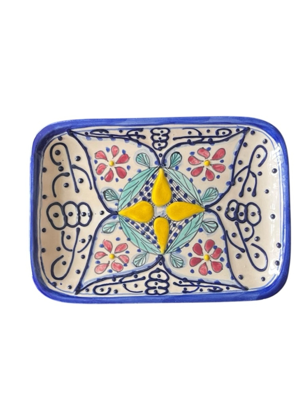 Mexican Hand-Painted Ceramic Trinket Dish Folk Art Pottery